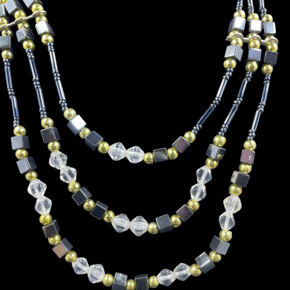 Vintage‎ Style Multi Strand Beaded Necklace Black Gold Clear Boho Layered 17.5" - Picture 3 of 6